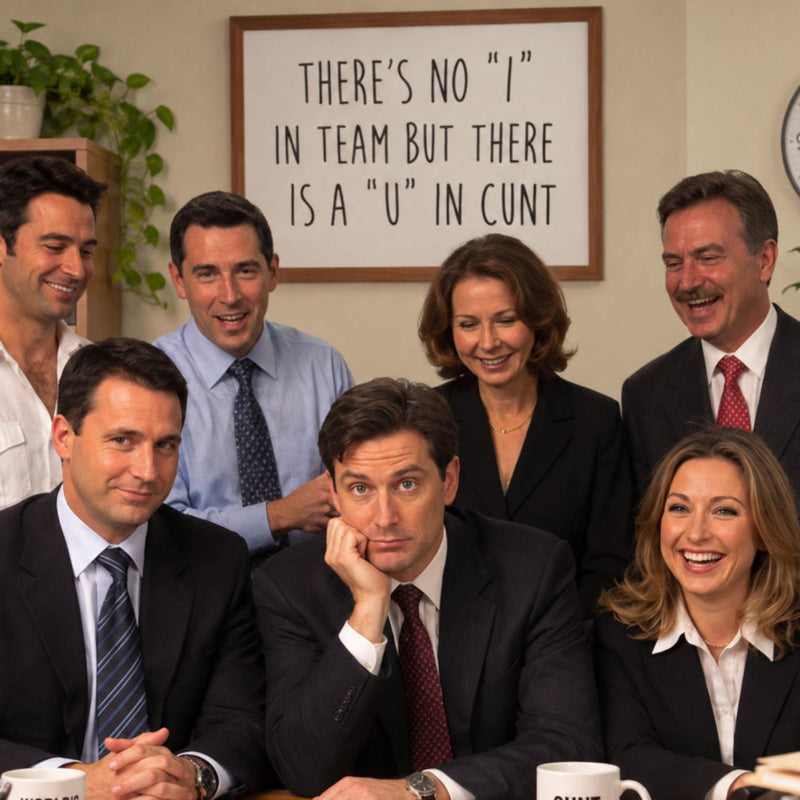 The workplace cunt card and gift collection - A group of seven people dressed in business casual and office attire, posing together in front of a framed sign that reads 'THERE'S NO "I" IN TEAM BUT THERE IS A "U" IN CUNT'.