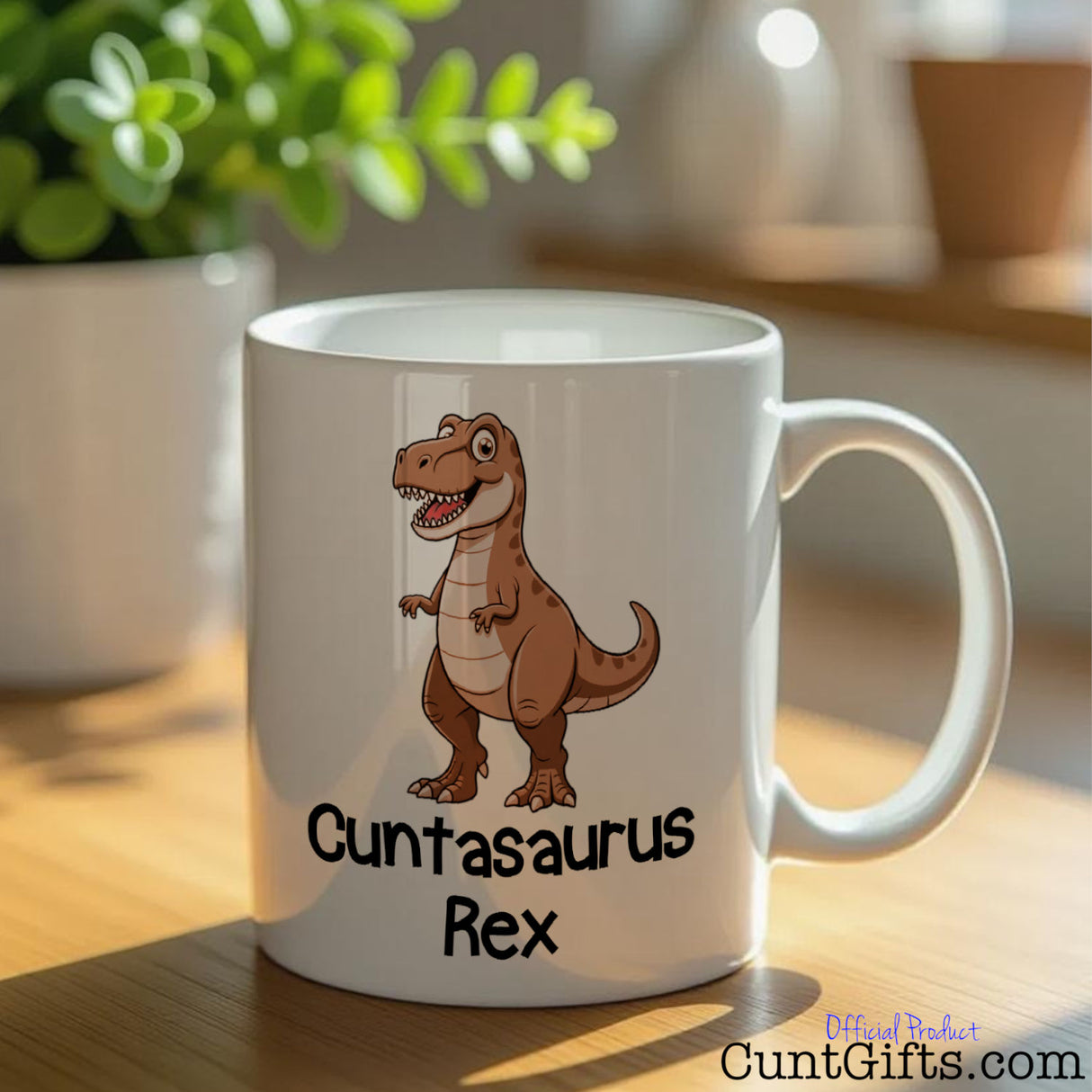 Cuntasaurus Rex Mug on shelf with plant