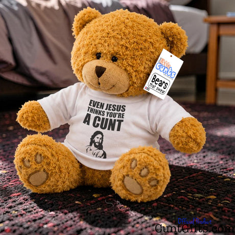 Even Jesus Think You're a Cunt teddy bear plush sitting on purple rug in bedroom.