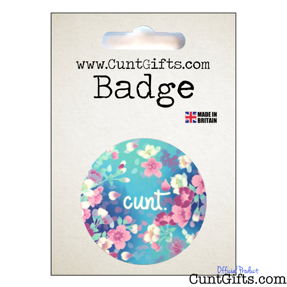 Flower Cunt Pin Badge in Packaging