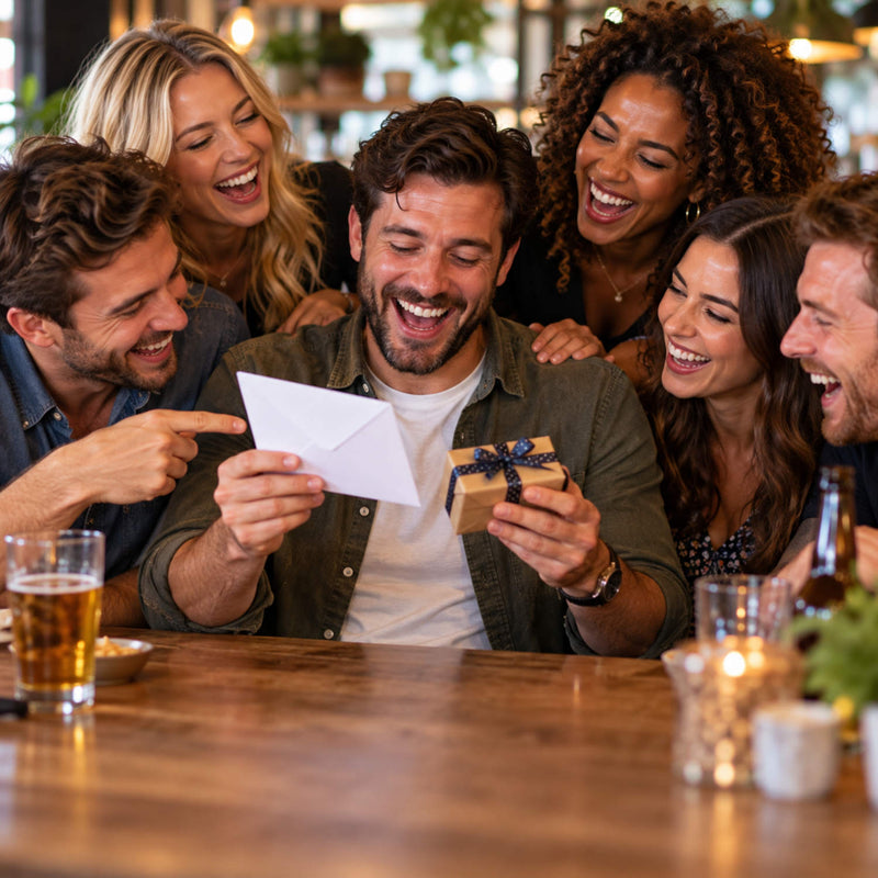 Friends themed cards and gifts featuring the word cunt - A group of five friends laughing and celebrating around a wooden table, with the central man holding a small wrapped gift box and a white envelope.