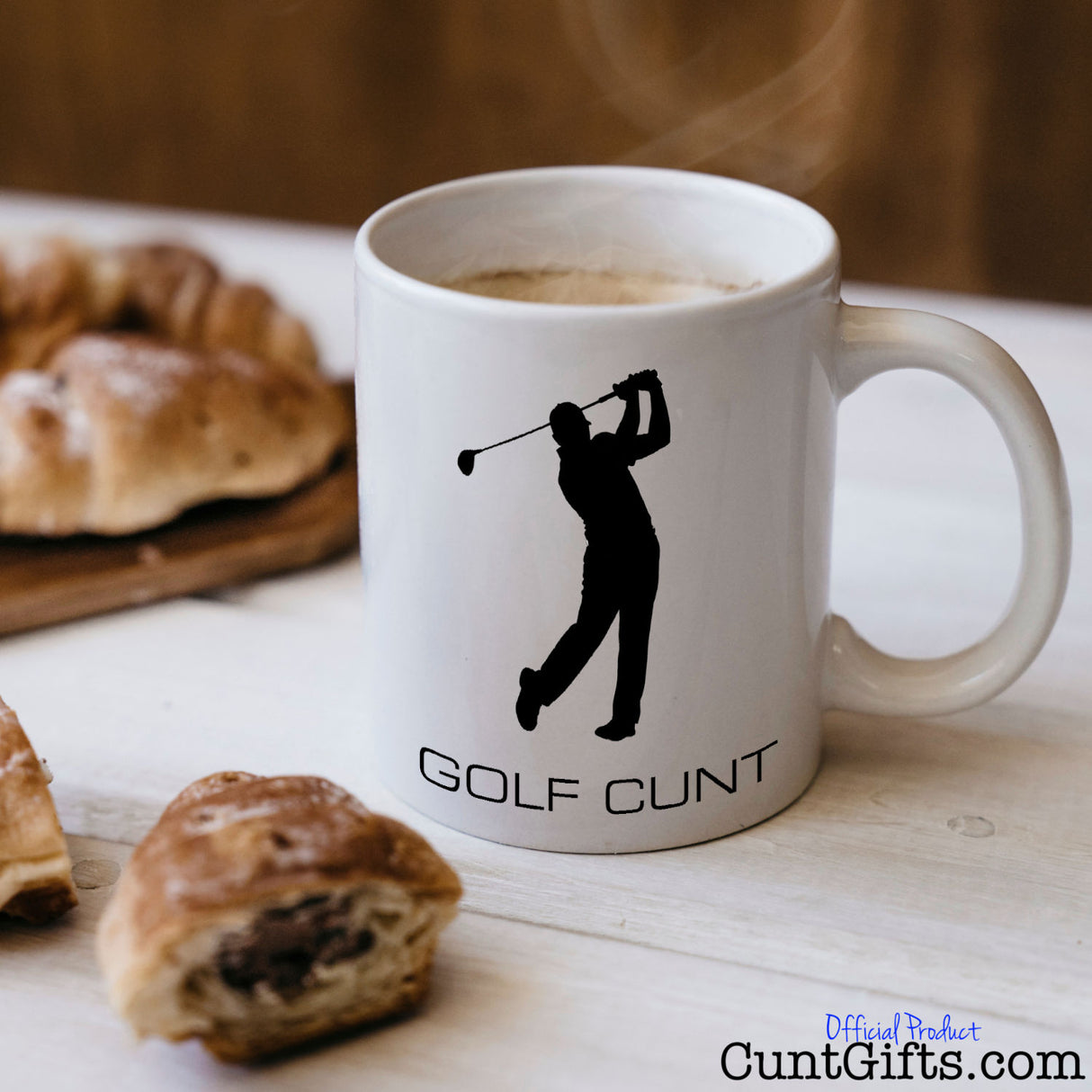 Golf Cunt Mug on table with pastries