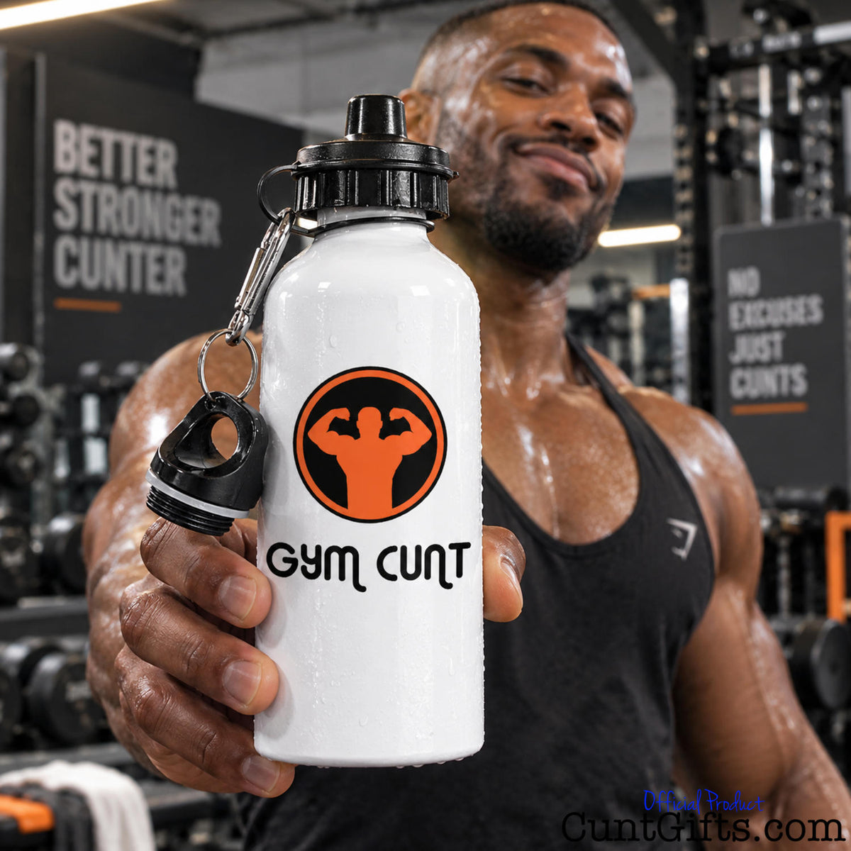 A man in a gym holding a white water bottle with a black cap and a black-and-orange Gym Cunt logo on the front.