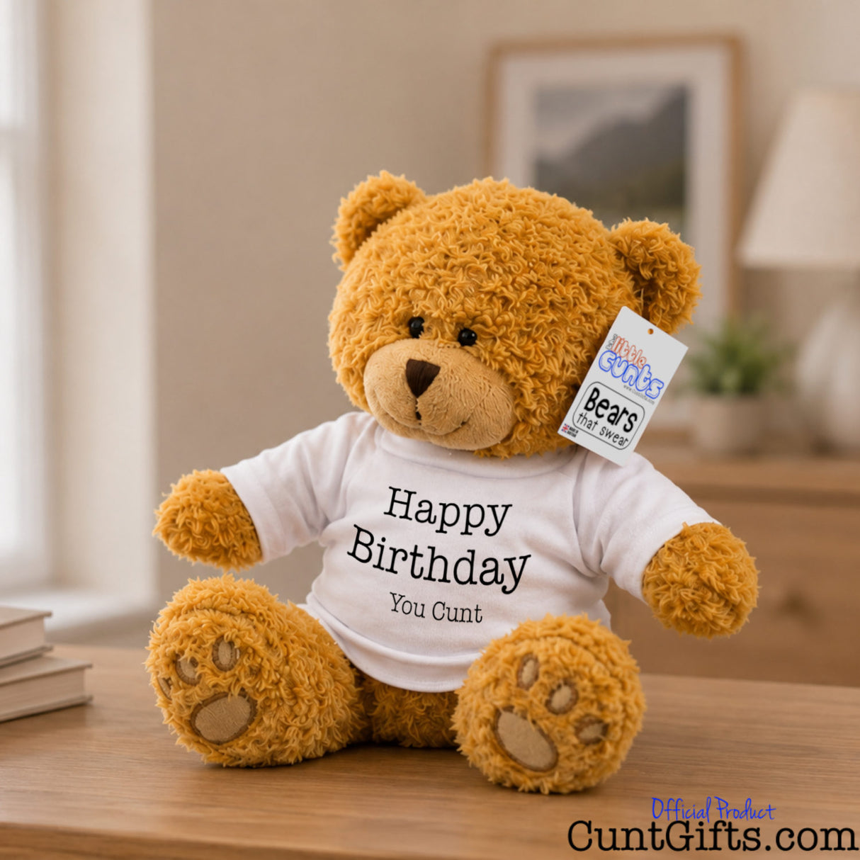 Happy Birthday You Cunt - Teddy Bear Plush sitting on bedroom sideboard by books and picture frame and lamp in background.