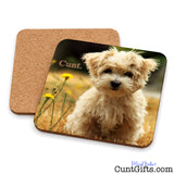 Two square cork drink coasters shown on a white background, one plain cork and one printed with a photo of a fluffy cream-colored dog sitting in grass with yellow flowers and the word 'Cunt.' on the coaster.