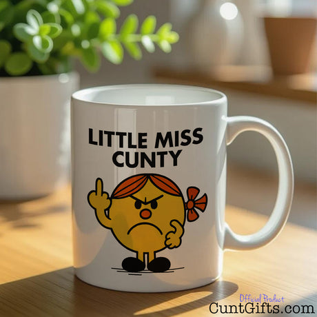Little Miss Cunty Mug on shelf with plant
