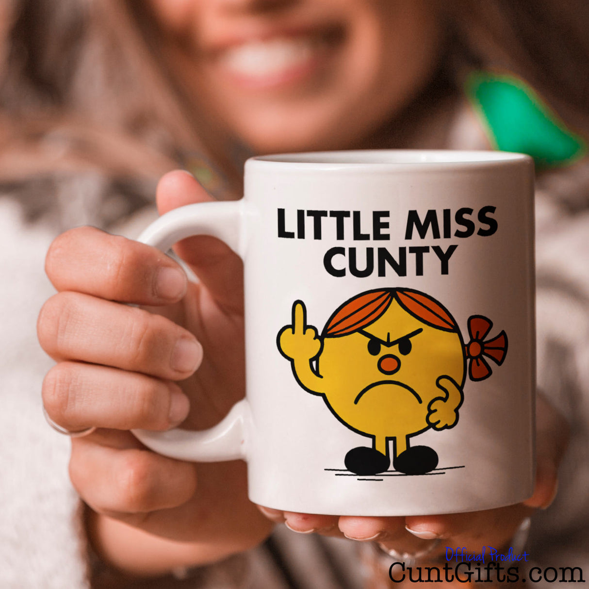 Little Miss Cunty Mug held by smiling woman