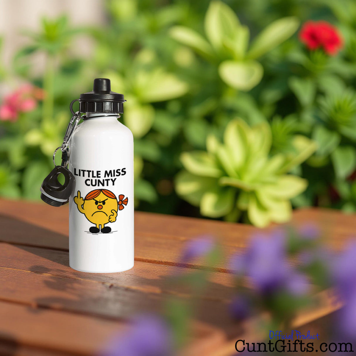 Little Miss Cunty Water Bottle on picnic table