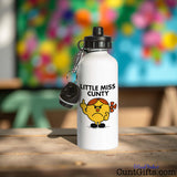 Little Miss Cunty Water Bottle on table with colourful painting in background