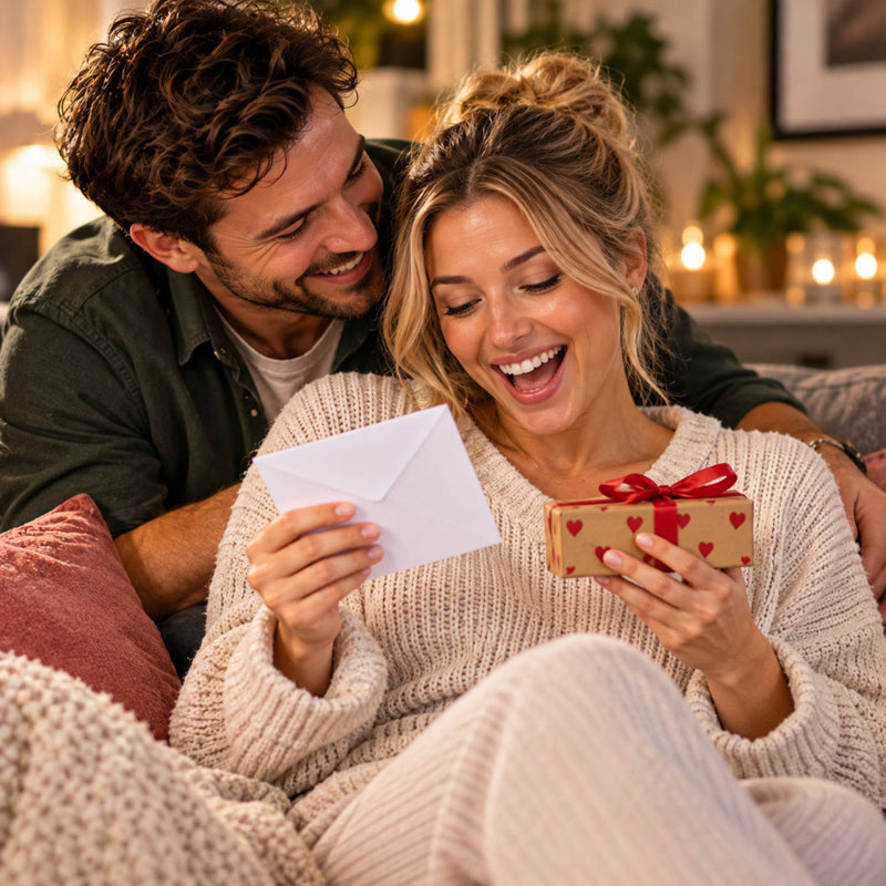 The romance and love-themed cunt cards and gifts department - A smiling couple in a cozy living room setting. The woman in a cream knit sweater holds a small heart-patterned gift box with a red ribbon, while the man beside her holds a white envelope.