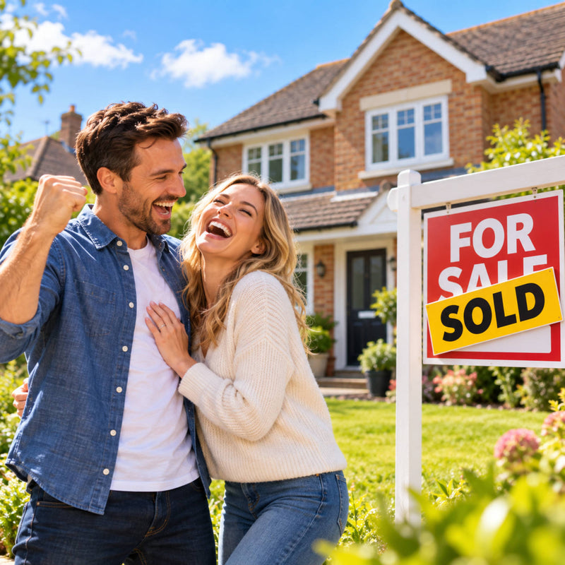 New home cunt cards and gifts - A smiling couple stands in a front yard beside a white 'FOR SALE SOLD' house sign, with a brick house and green lawn in the background under a blue sky.