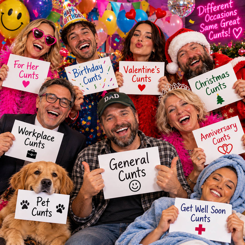People holding funny signs for different cunt gift occasions including birthdays, Christmas and Valentine’s Day.