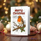 Robin saying Merry Christmas Cunt on festive greeting card with fairy lights in background