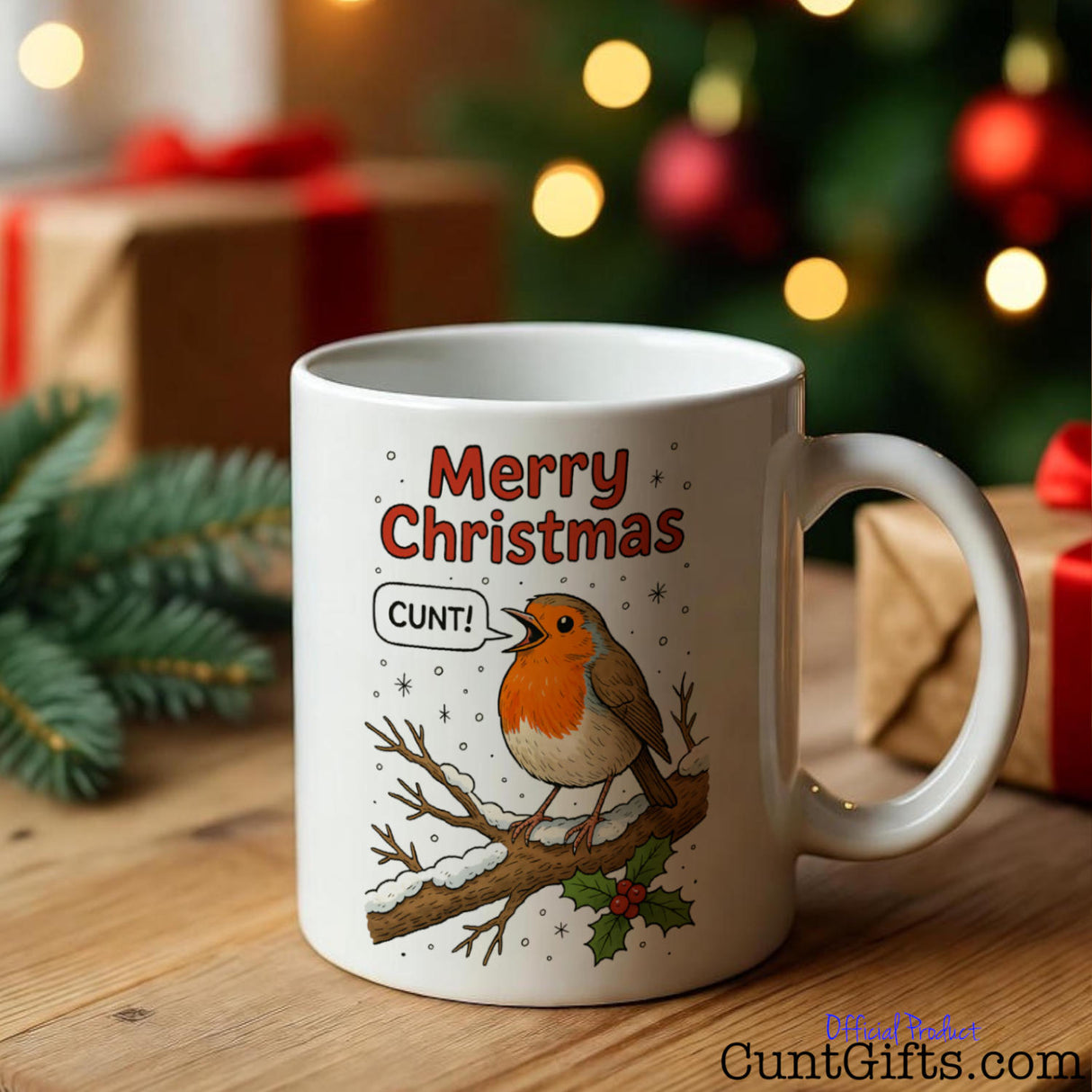 "Merry Christmas Cunt" Mug featuring a robin by a Christmas tree