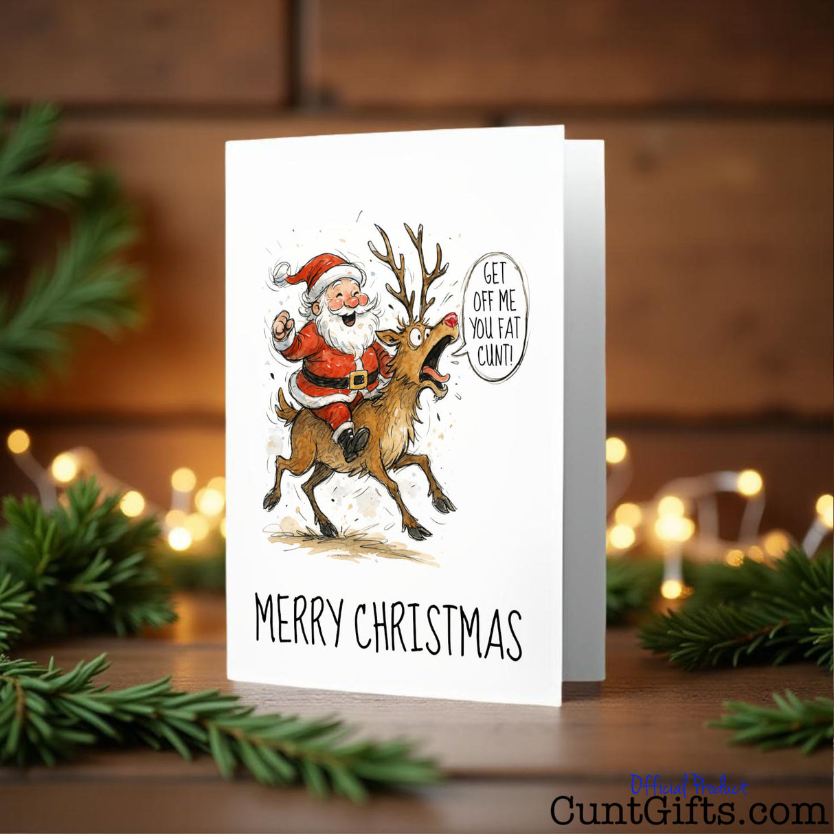 "Get Off Me You Fat Cunt" - Funny Christmas Card featuring Santa and Rudolph by fairy lights