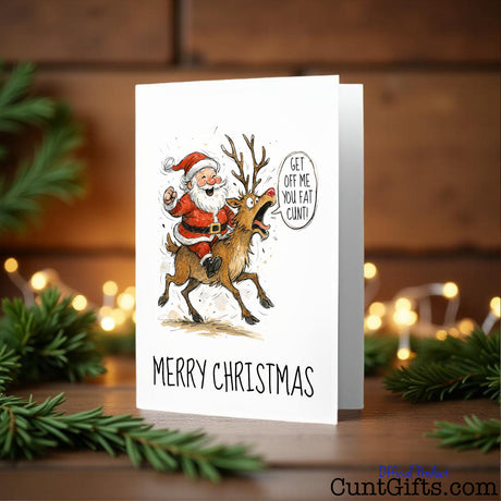 "Get Off Me You Fat Cunt" - Funny Christmas Card featuring Santa and Rudolph by fairy lights