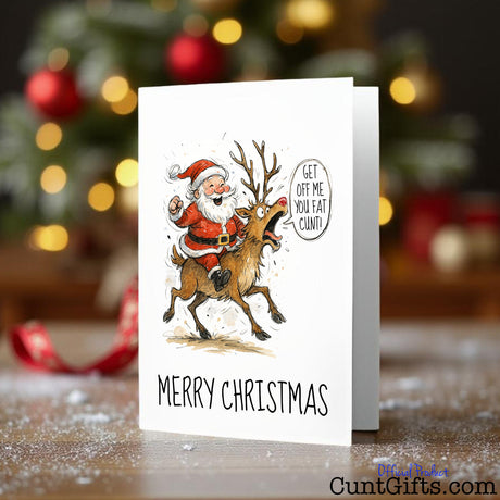 "Get Off Me You Fat Cunt" - Funny Christmas Card featuring Santa and Rudolph by tree and table with snow