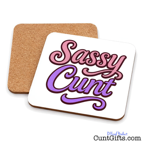 Front and back of Coaster with 'Sassy Cunt' text on a white background