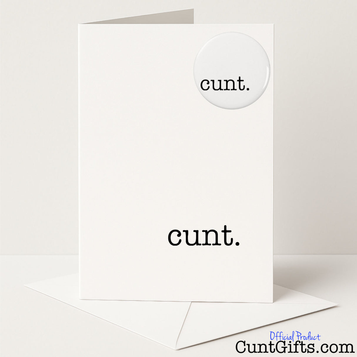 Blunt and funny "Simple Cunt" greetings card and badge set for a no-nonsense sweary surprise — from Cunt Gifts