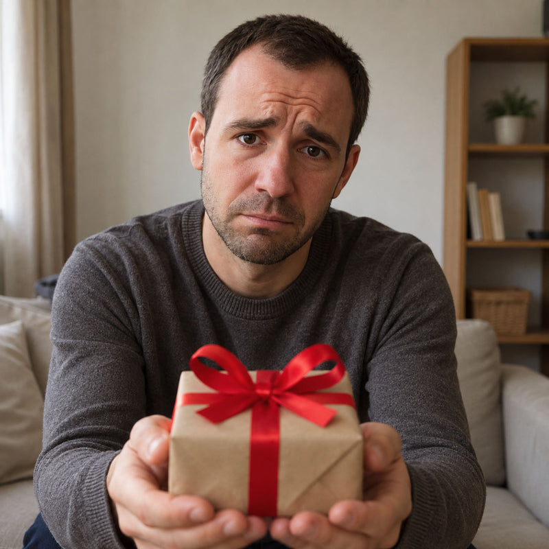 The sorry-themed collection of cunt cards and gifts. An apologetic man in a dark grey sweater holds a small gift box wrapped in brown paper with a bright red ribbon and bow, set against a cozy living room background.