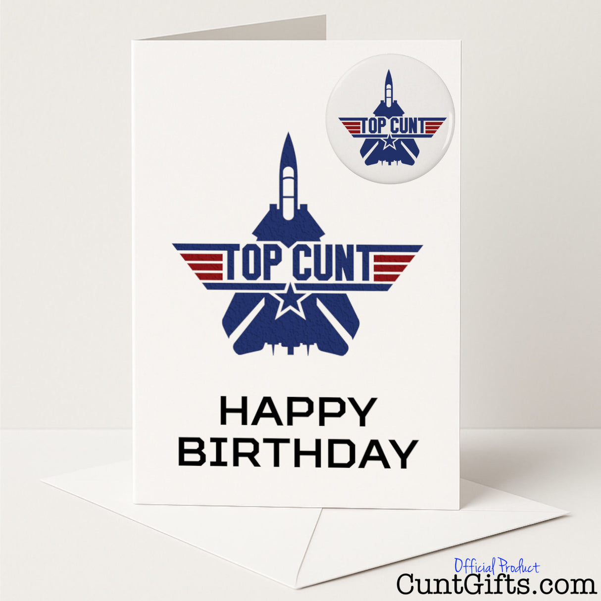 Funny birthday card and badge set with the phrase "Top Cunt" — cheeky and sweary celebration from Cunt Gifts