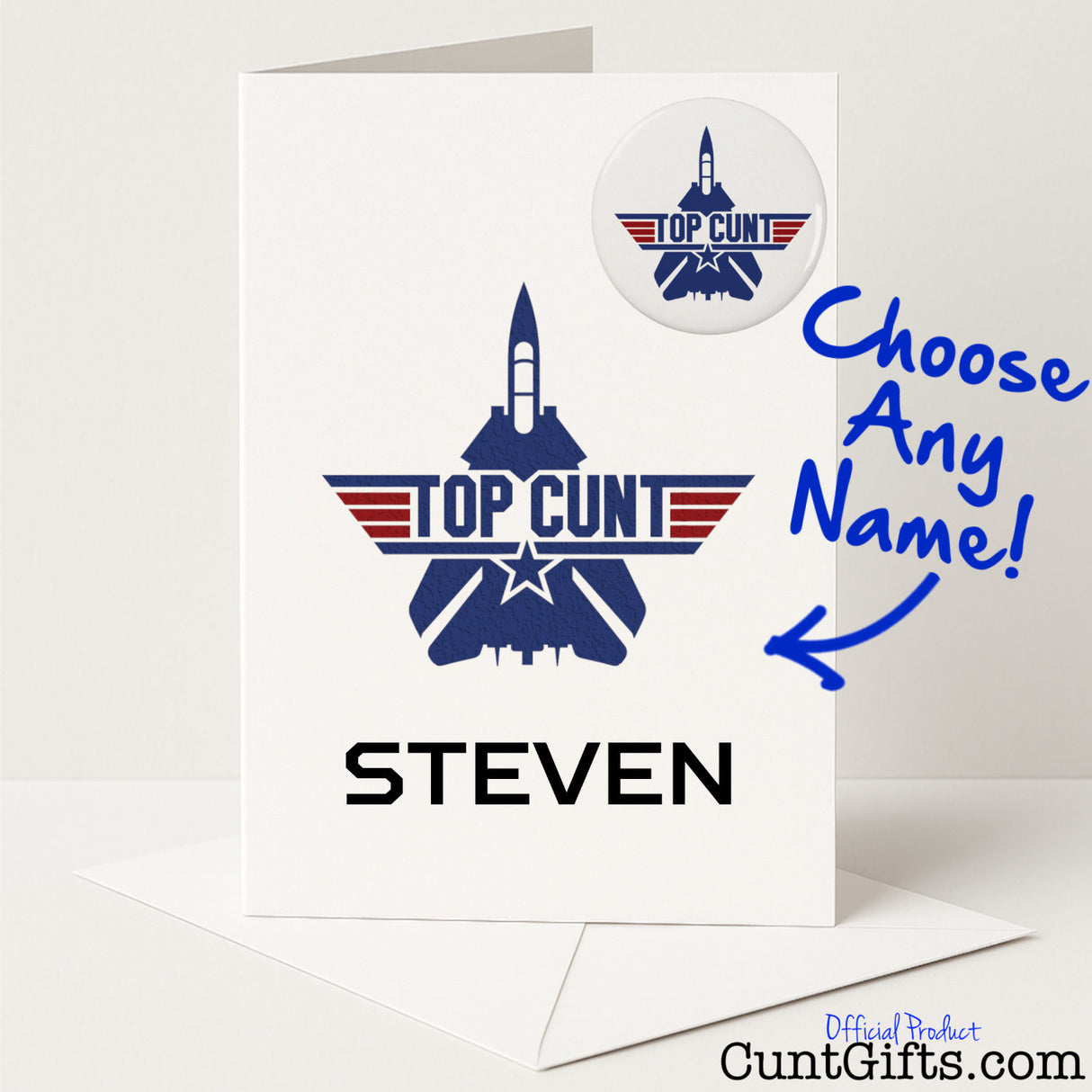 Personalised greeting card and badge set with the phrase "Top Cunt" — hilarious and cheeky custom gift from Cunt Gifts