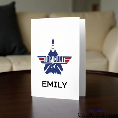 Top Cunt personalised greeting card on a table in a living room setting