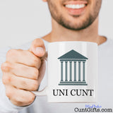 Smiling man with beard holding Uni Cunt Mug