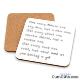 Two square cork "Not every cunt can read" funny drinks coasters on a white background, with one coaster showing a white top printed with a humorous quote in black handwritten-style text.