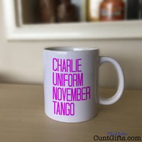 Charlie Uniform November Tango - Mug on Sideboard