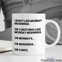 Monday mornings and cunts - on desk with man writing notes