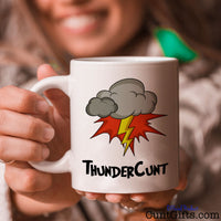 ThunderCunt Mug being held with a smile